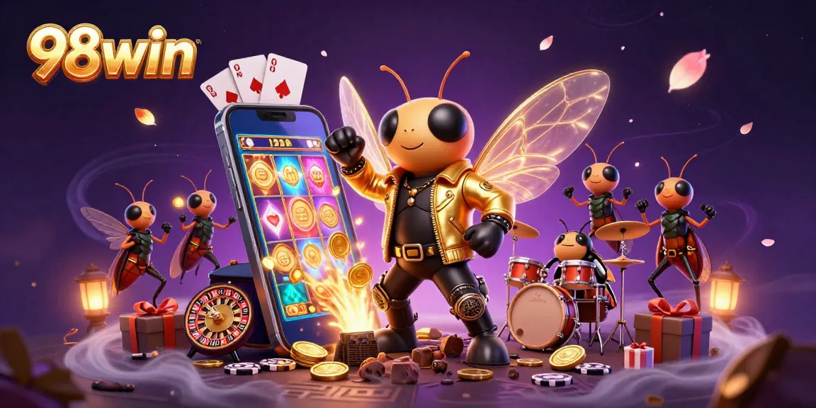 Experience thrilling action at 98win with a lively 3D illustration featuring a cicada rock star and exciting casino elements.