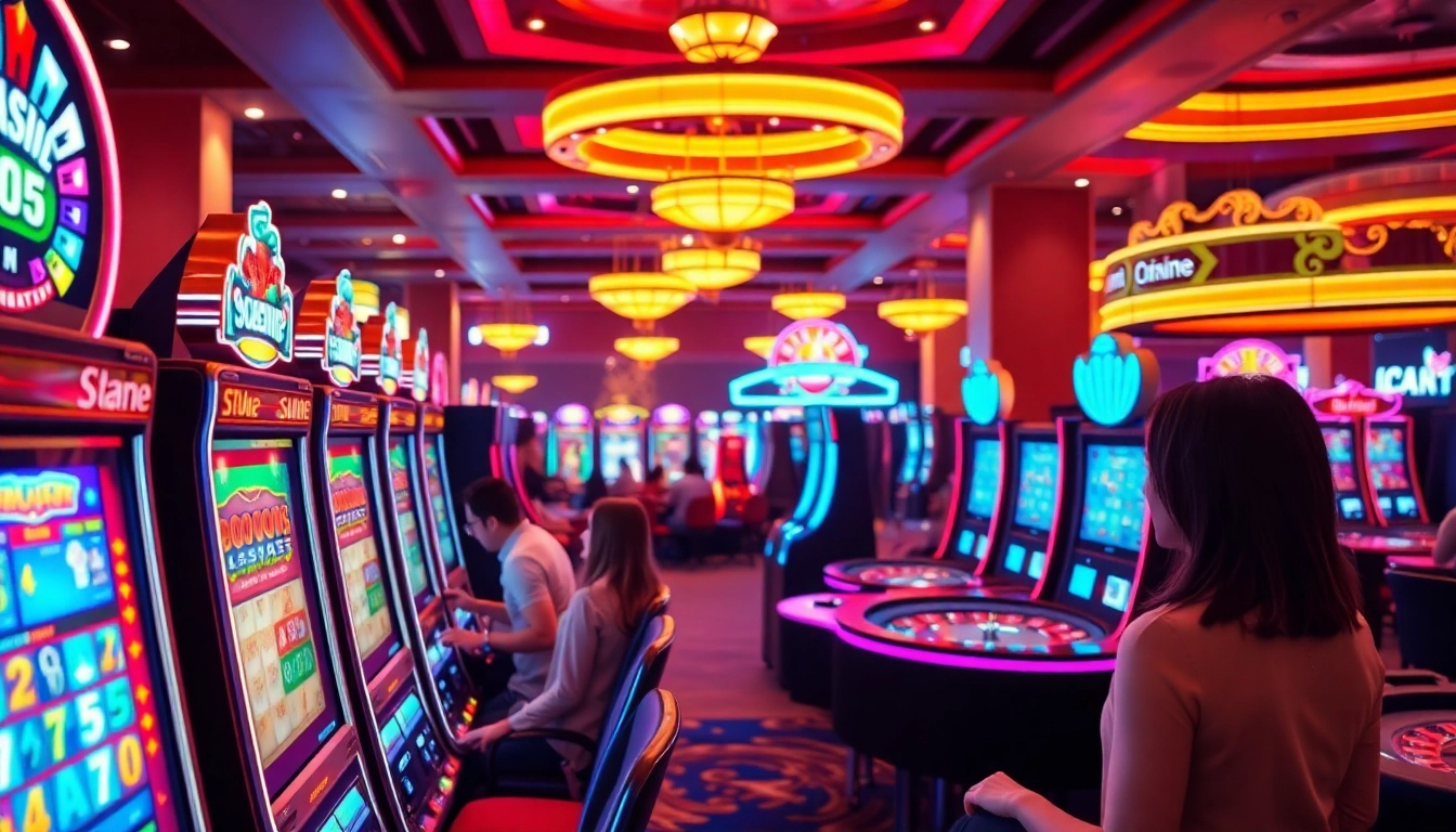 Spiele casino online spiele in einem lebhaften Casino mit Spielern und bunten Spielautomaten.