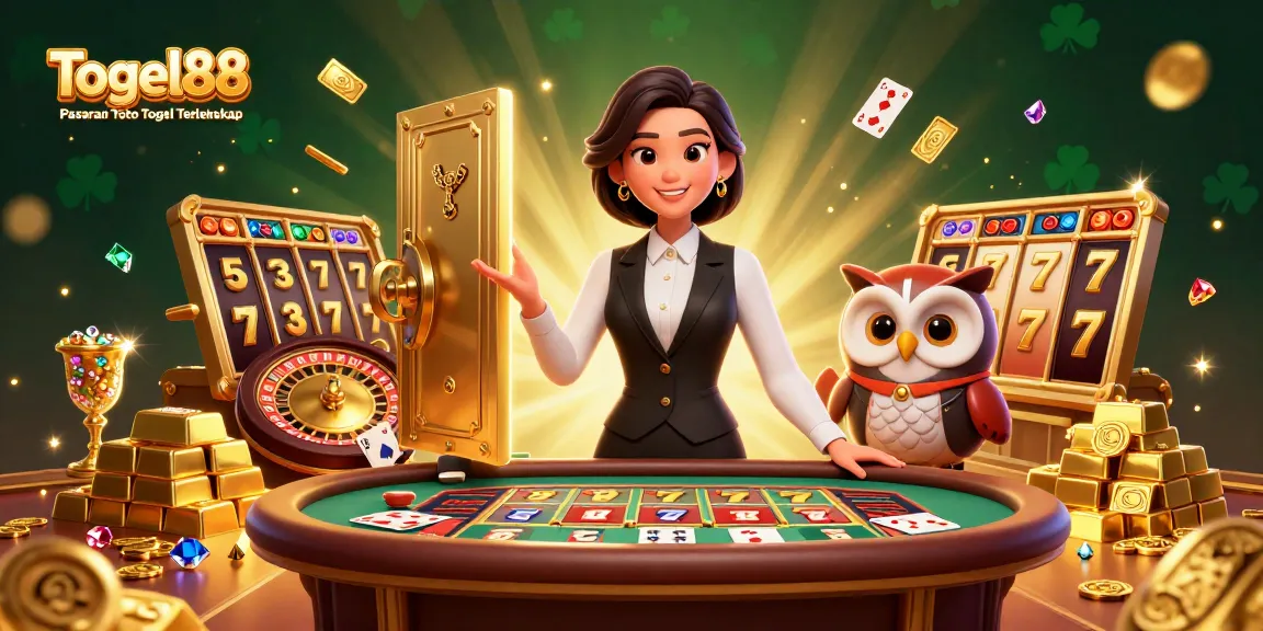 Togel88 Pasaran Toto Togel Terlengkap showcases a thrilling casino scene with an Asian woman dealer and an owl assistant, surrounded by gold treasures.