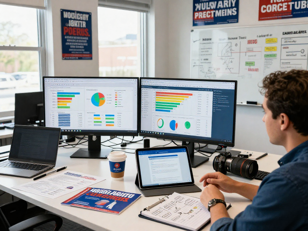 Political email marketing strategies in action with a campaign strategist analyzing voter data in a modern office.