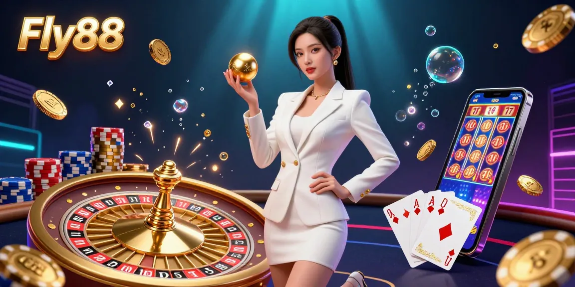 Experience the excitement of Fly88 as a confident Asian woman in a tuxedo spins the roulette wheel surrounded by casino elements.