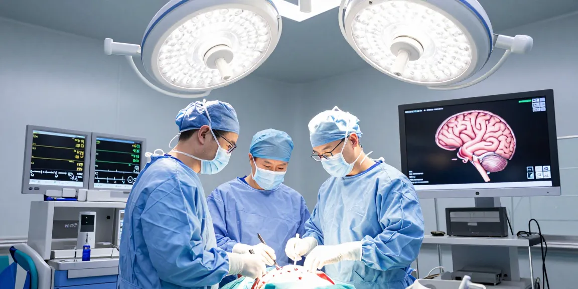 Beyin tümörü ameliyatı in action, showcasing a neurosurgeon and medical team performing surgery with advanced tools and technology.