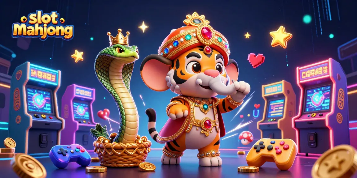 Experience thrilling slot mahjong action with vibrant characters and arcade elements in this dynamic 3D illustration.