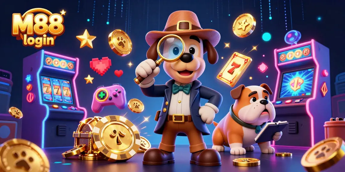 M88 login to an action-packed casino adventure featuring cartoon detective characters and vibrant slot games.