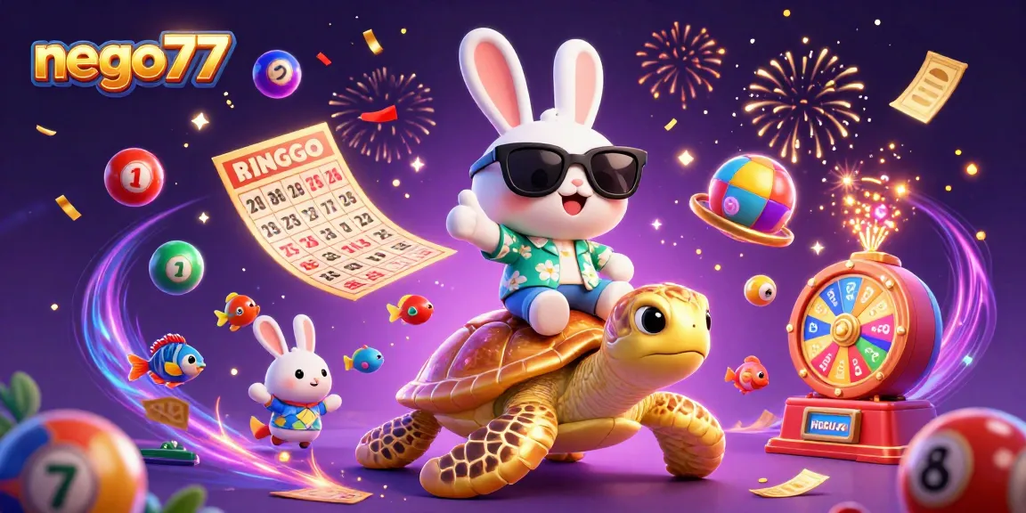 Nego77 offers vibrant gaming excitement with a lucky rabbit and golden turtle illustration.