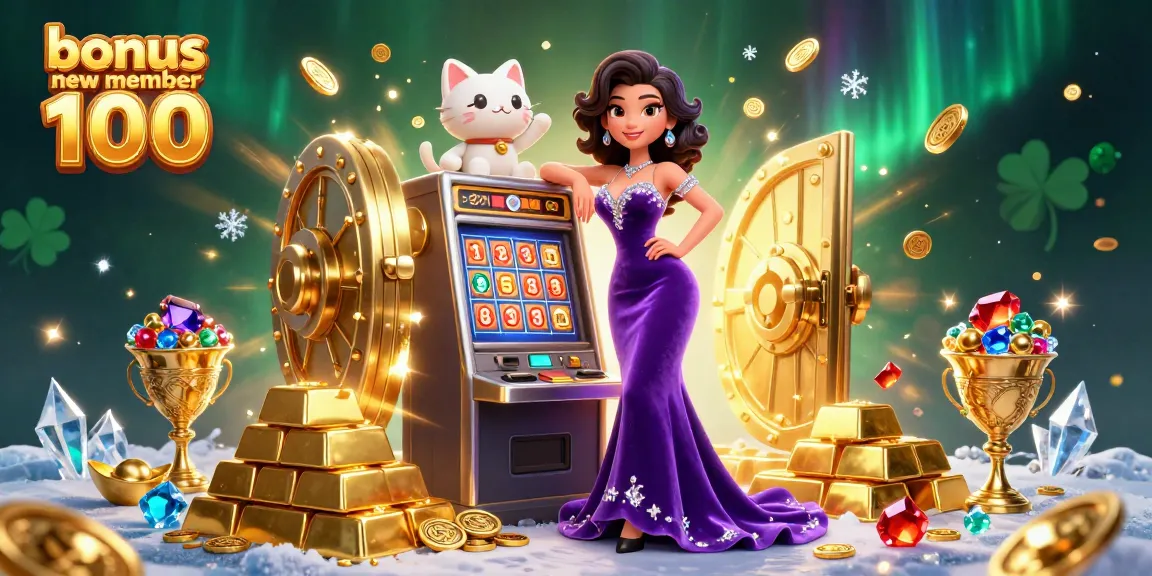 Experience the thrill with bonus new member 100 while enjoying a jackpot slot machine and festive elements.