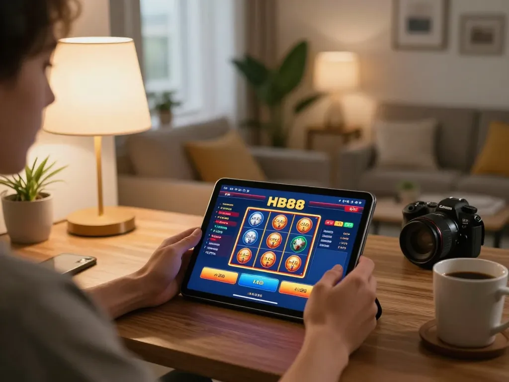Engaging in online gaming at HB88 with a vibrant tablet interface showing slots and betting features