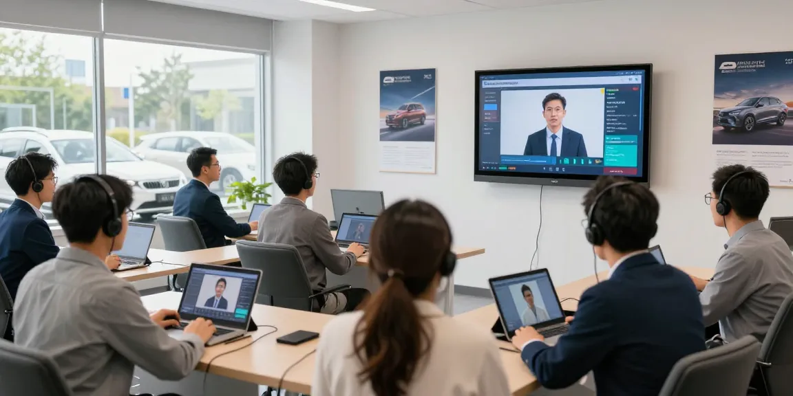Sales team practicing f and I training in a modern dealership setting with AI scenarios.