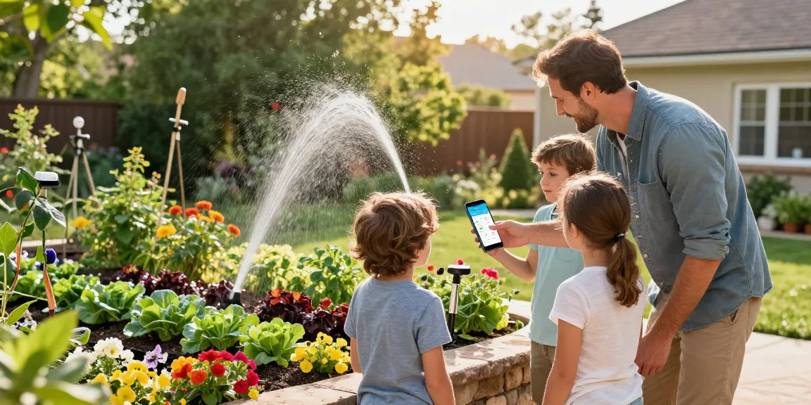 Family using rainpoint smart sprinkler controller in a vibrant garden setting, showcasing water-saving technology.