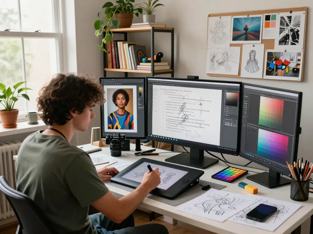 Artist generating prompts from images in a creative digital art studio.