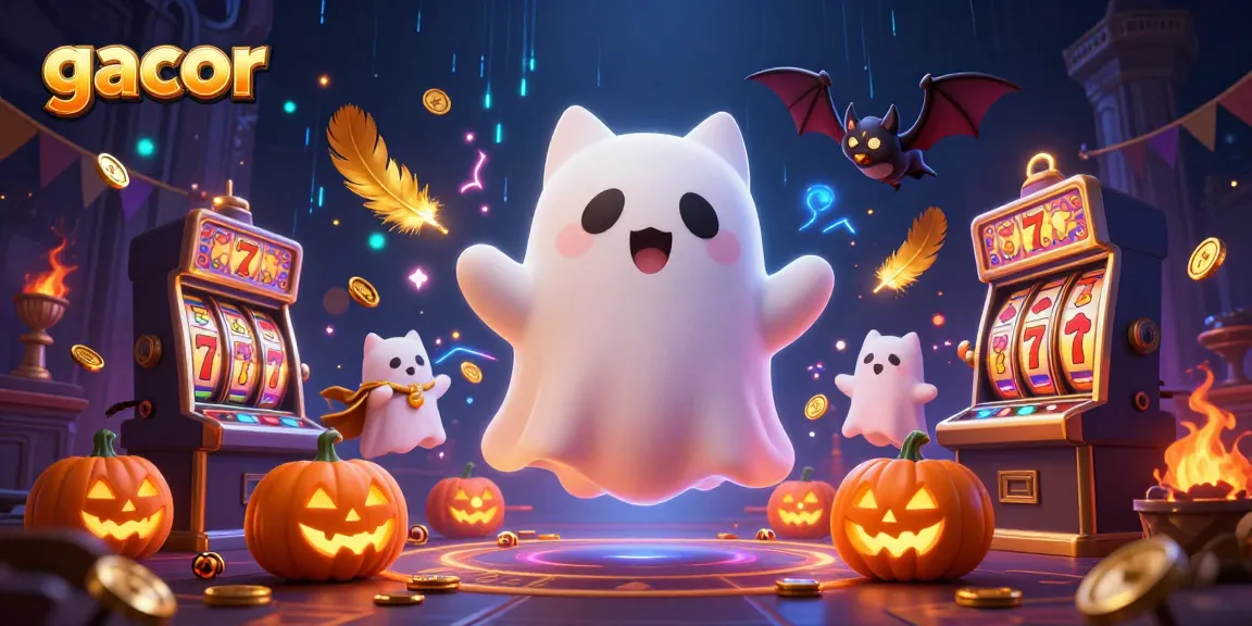 Experience gacor slots with a friendly ghost cat, bat companion, and glowing jack-o-lanterns in a haunted casino.