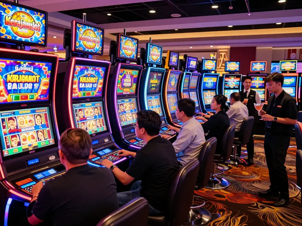 Exciting gaming scene featuring players at Kerajaanslot in a vibrant casino.