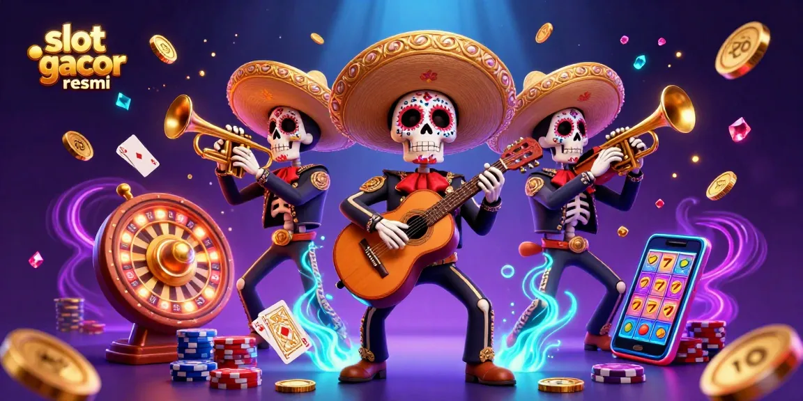 Engage with the exciting scene of slot gacor resmi, featuring a colorful mariachi band amidst casino elements and vibrant animations.