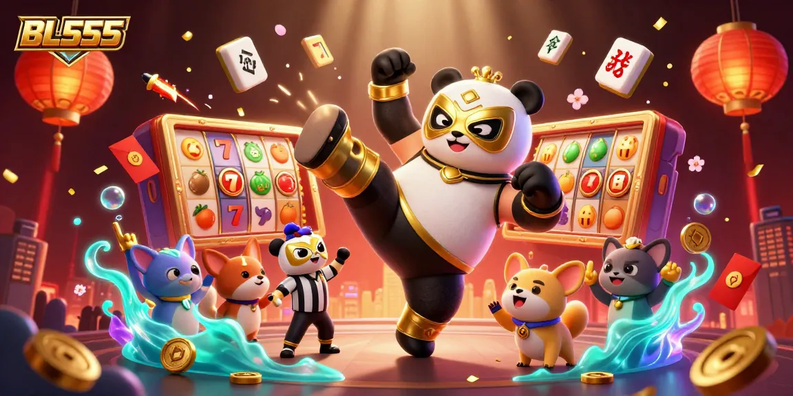 Engage in the thrilling action at BL555 with a dynamic showdown featuring a panda wrestler, surrounded by vibrant casino elements.