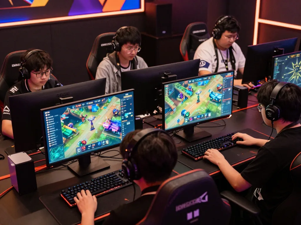 IDNSCORE gaming tournament scene with players engaged in competitive online gameplay and colorful leaderboards.