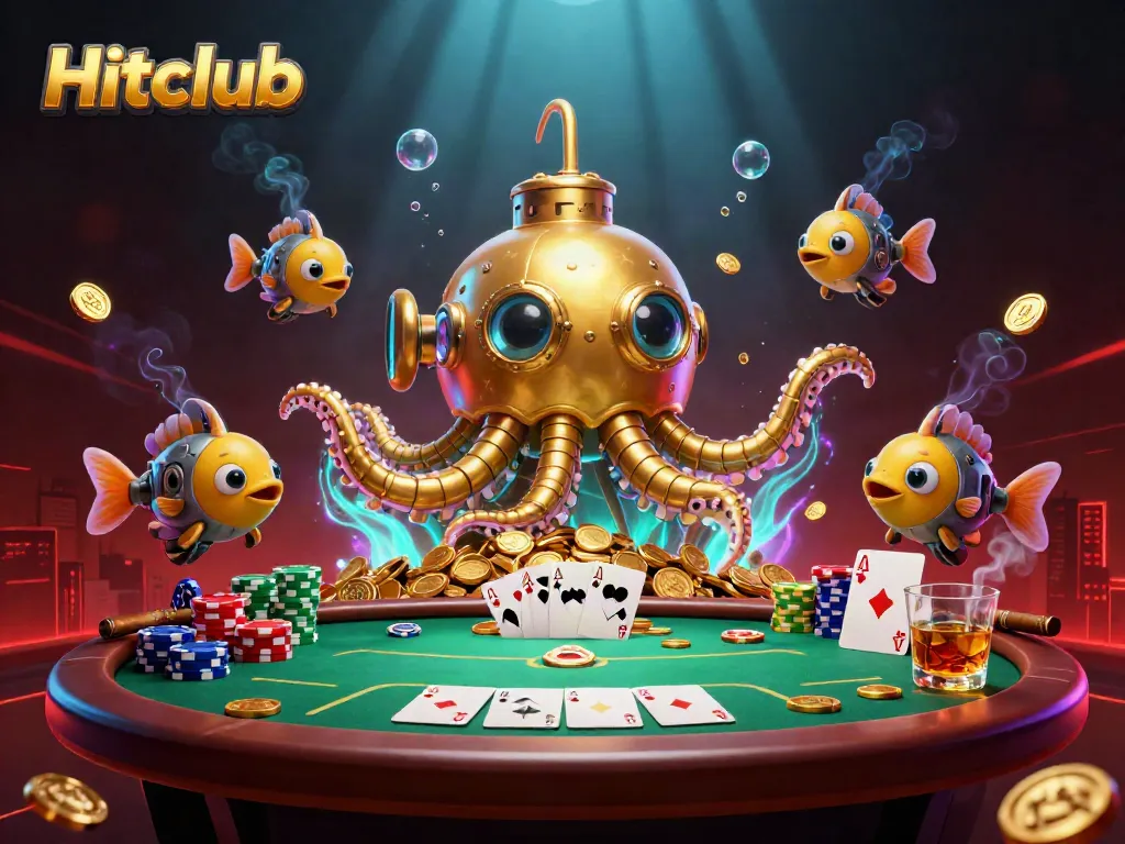 Hitclub illustration showcasing a vibrant casino scene with golden kraken submarine and poker elements.