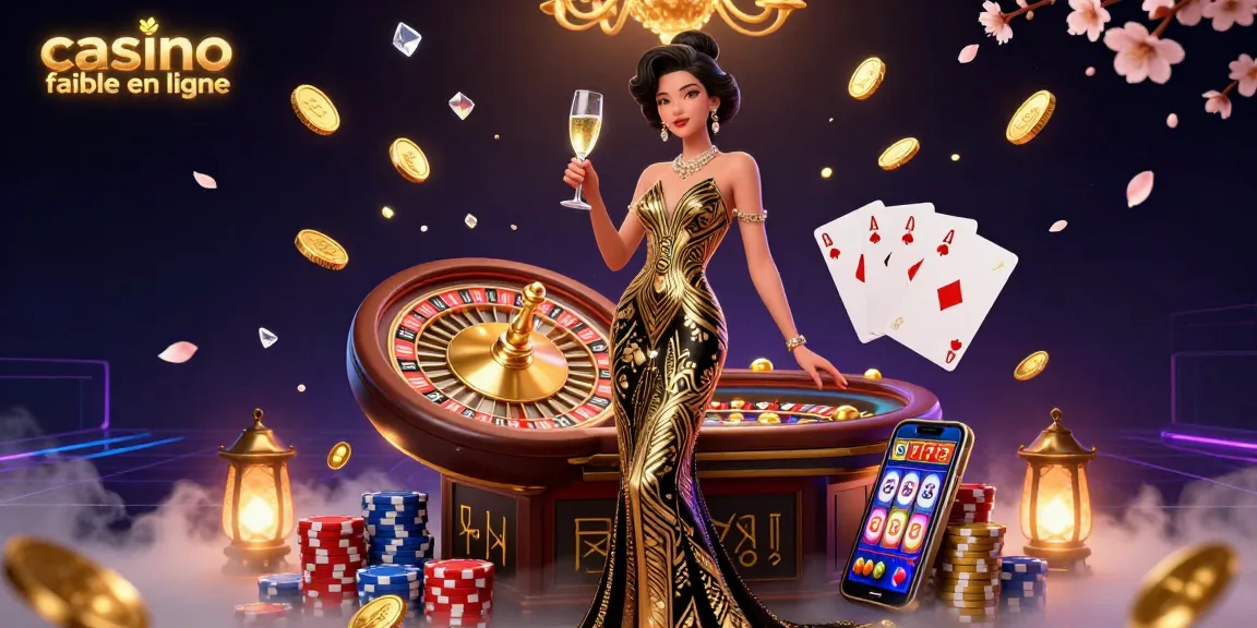Découvrez l'excitation du casino fiable en ligne avec une femme asiatique glamour au milieu de pièces d'or et d'une table de roulette vintage.