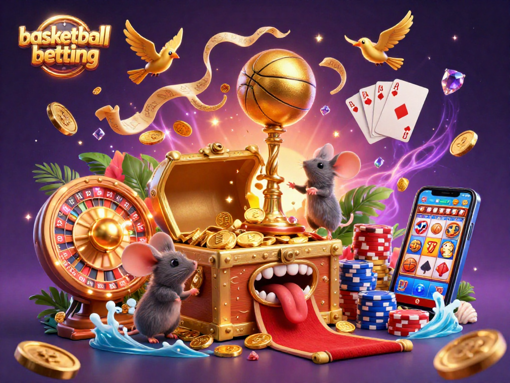 Engage in basketball betting with a vibrant 3D scene showcasing golden trophies and playful elements.