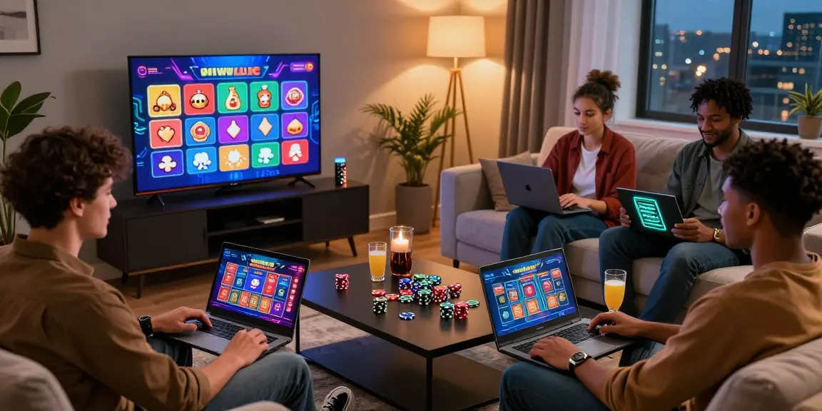 Des amis profitant des jeux de casino dans un salon confortable à un casino fiable en ligne.