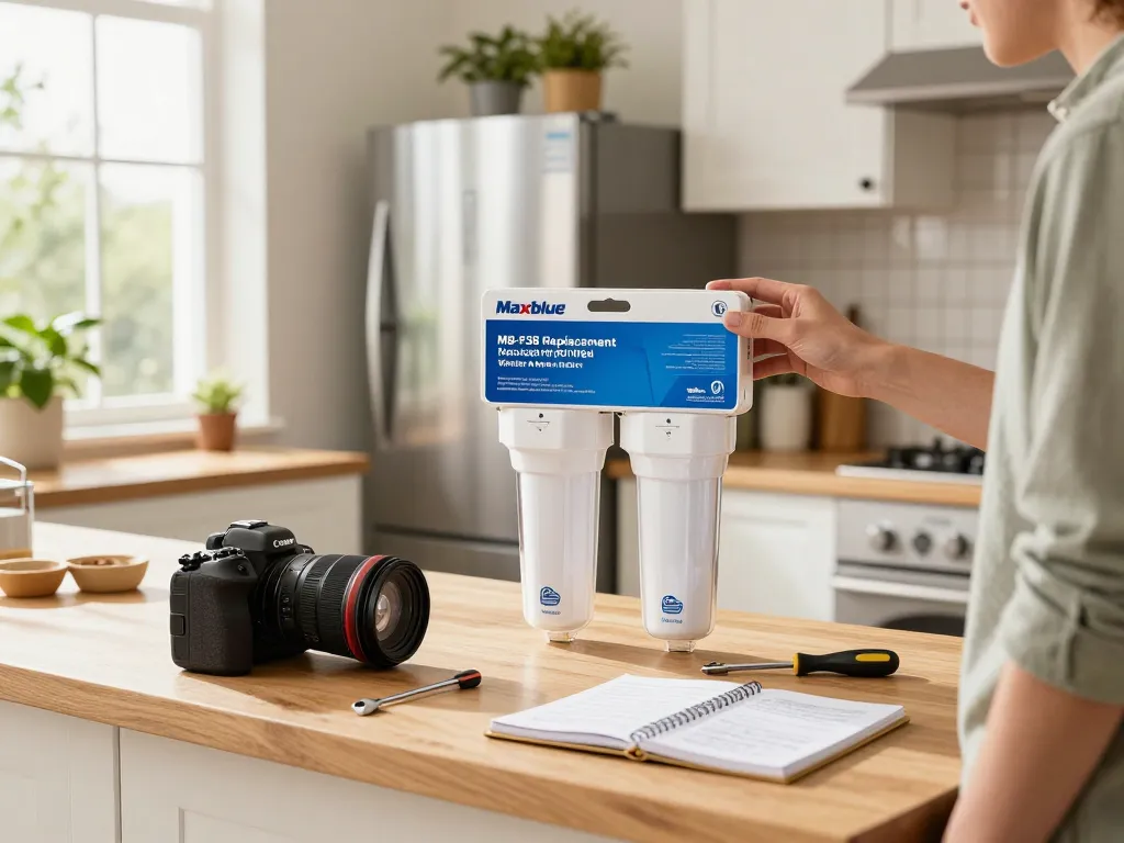 Examining Maxblue MB-F38 Replacement for W10295370A water filter in a modern kitchen setting, showcasing installation tools and refrigerator models.