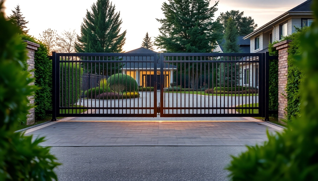 Admiring custom steel gates showcased beautifully in a serene residential setting, emphasizing security and elegance.