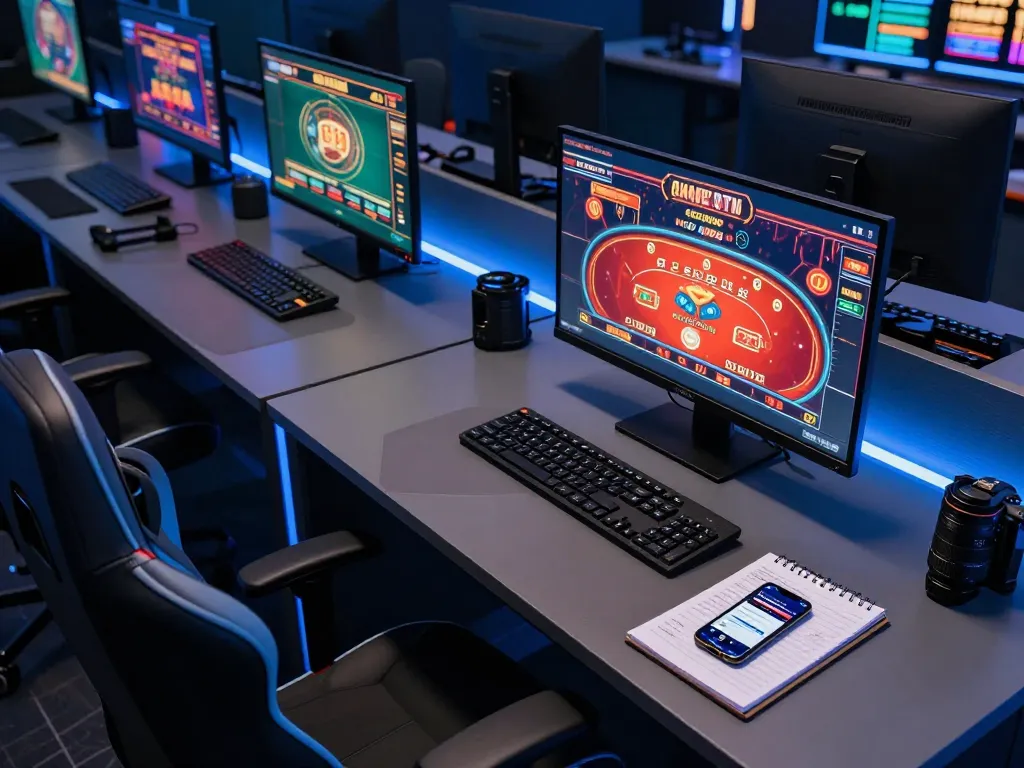 Engaged gambler using the w188 casino app on smartphone at a professional gaming setup.