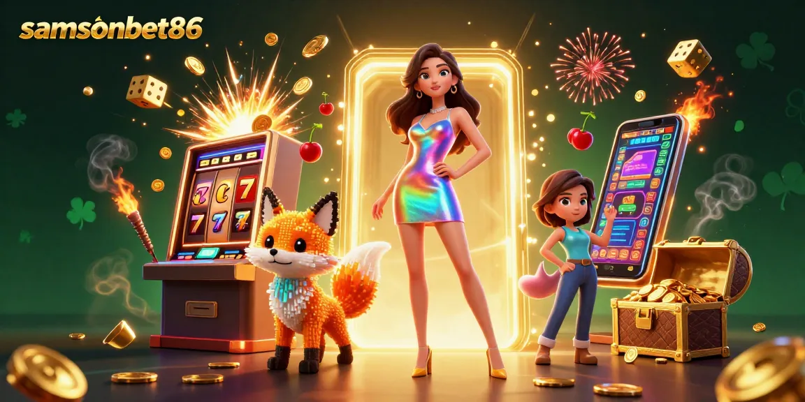Experience the thrill of samsonbet86 with vibrant casino elements and colorful characters in a dynamic scene.
