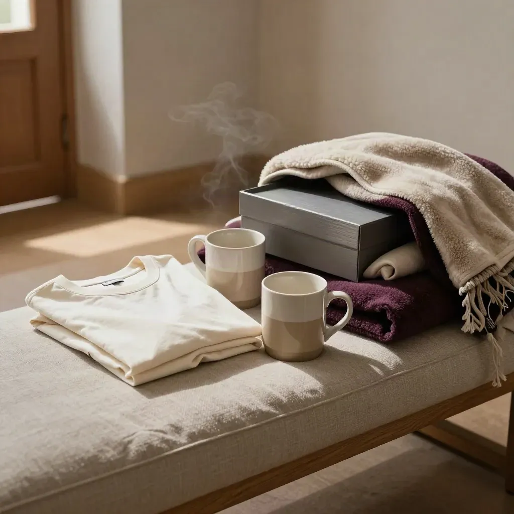 Gift bundle with mugs, tees, keepsake box, and blanket on a linen bench