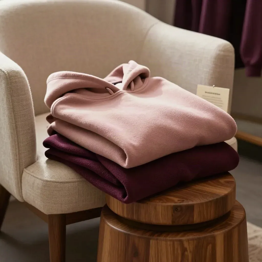 Two folded blush and plum fleece hoodies draped over a chair and stool in warm haze.
