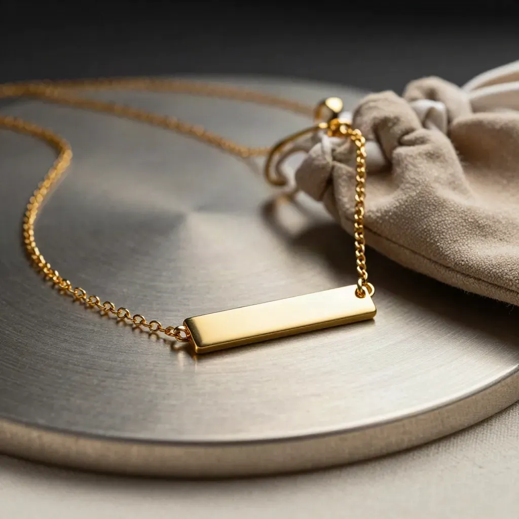 Macro gold name bar necklace beside a tiny pouch and polished stone on a pewter surface.