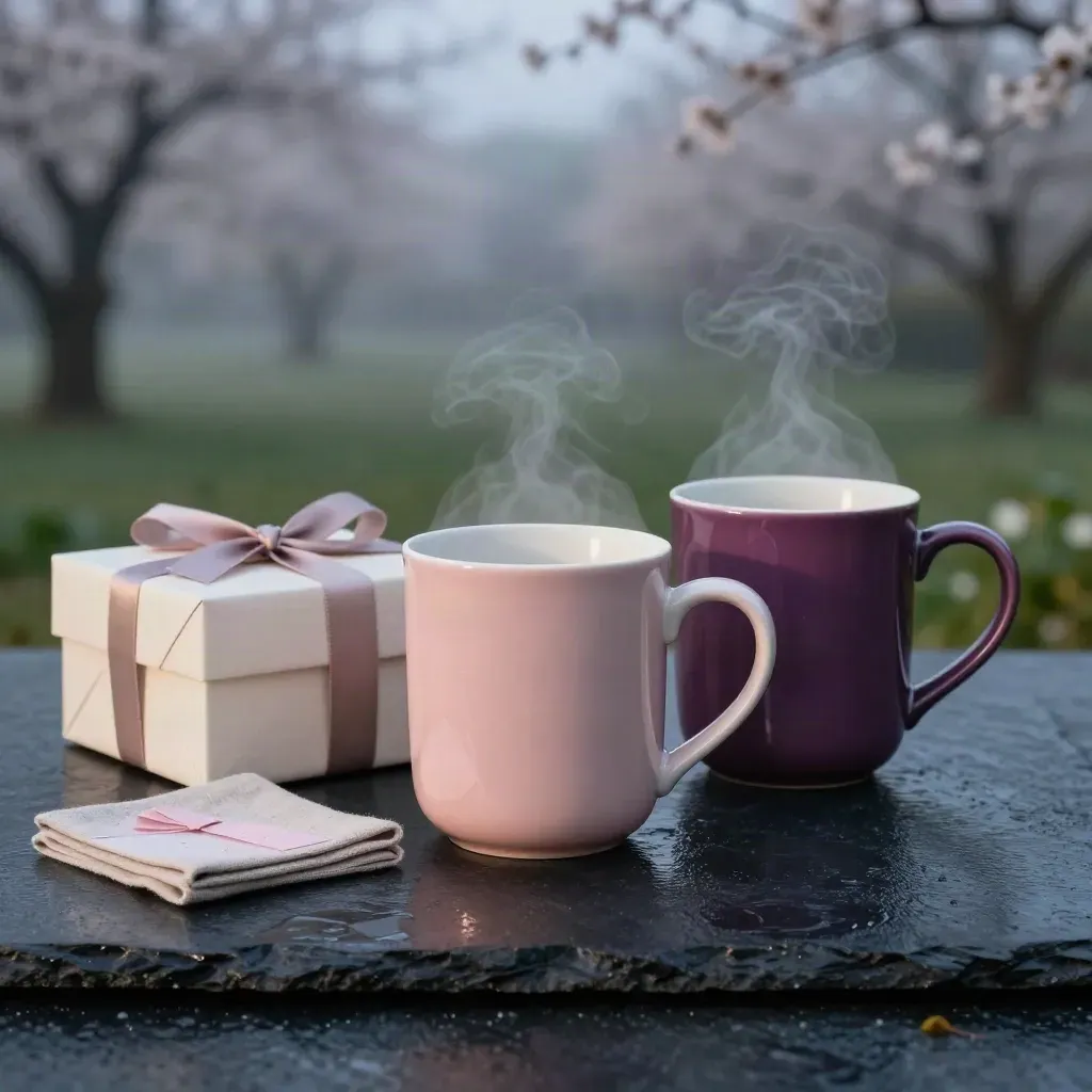 Blush and plum His & Hers mug set with gift box, coasters, and ribbon card on rain-dark stone.