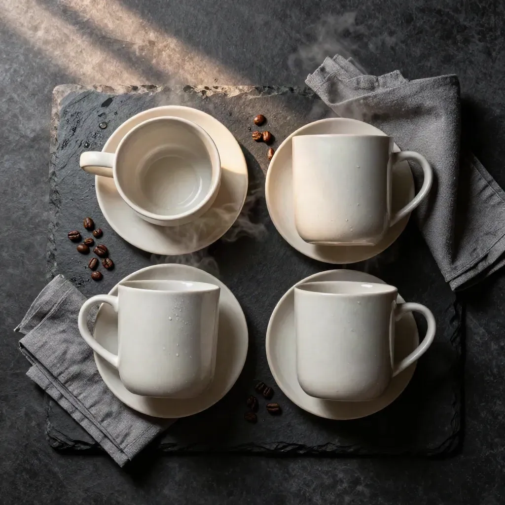 Overhead flatlay of cream couple mugs, saucer, linen napkin, coffee beans on wet charcoal stone.