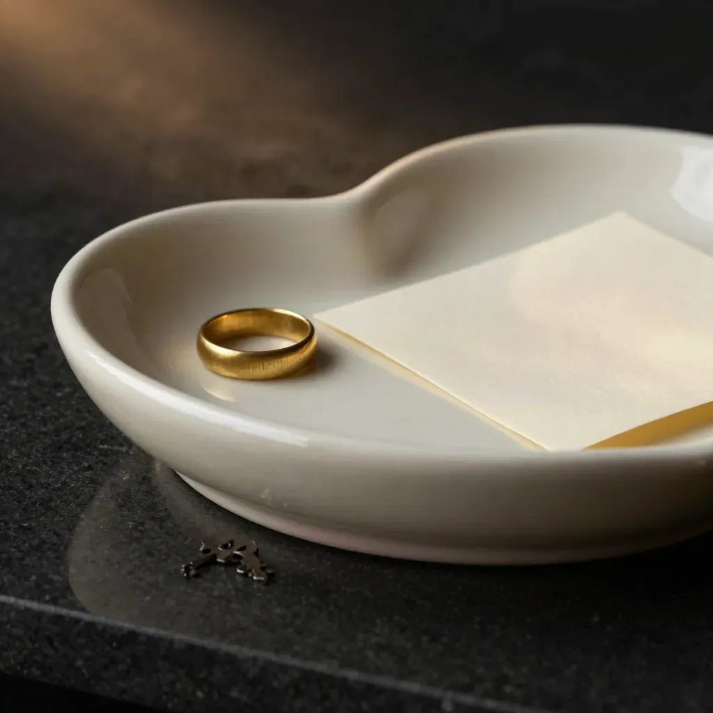Ivory ceramic love note tray with keys and a ring on a matte-black surface