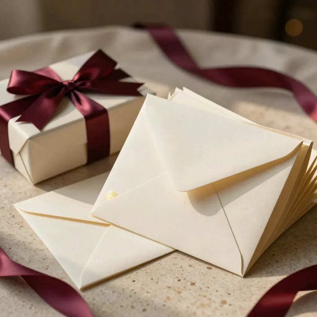 Boxed anniversary card set with cream envelopes and a plum ribbon on travertine.