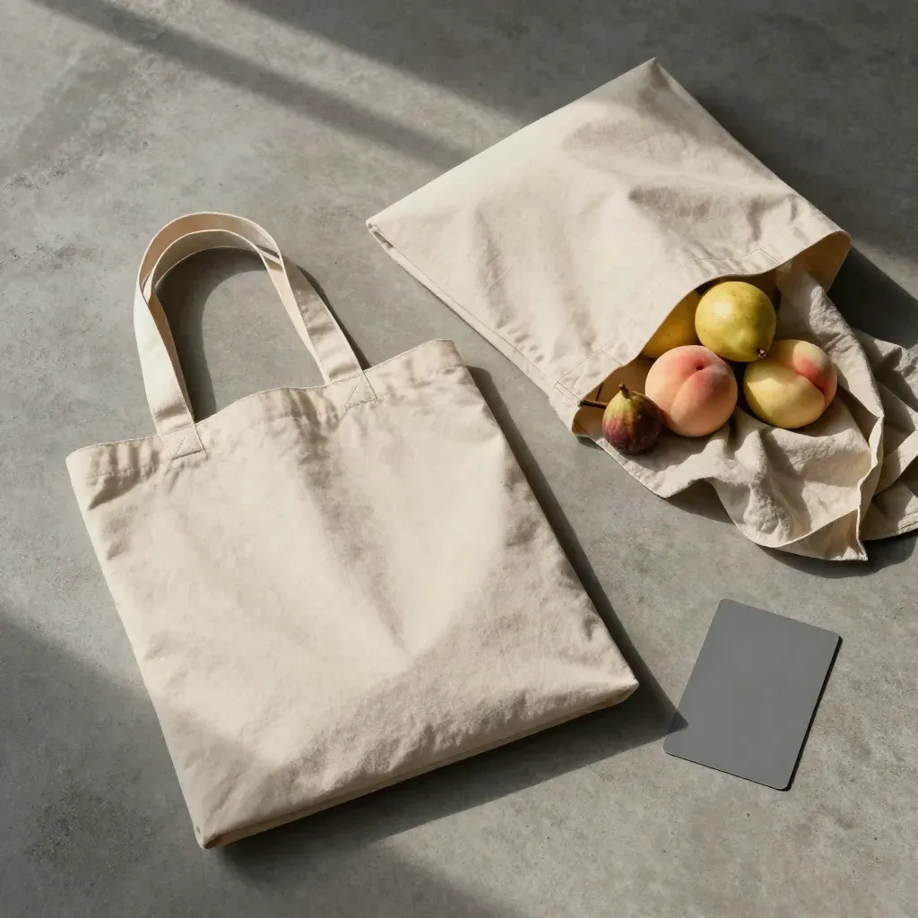 Overhead flatlay of two canvas totes with fruit and a linen cloth on concrete.