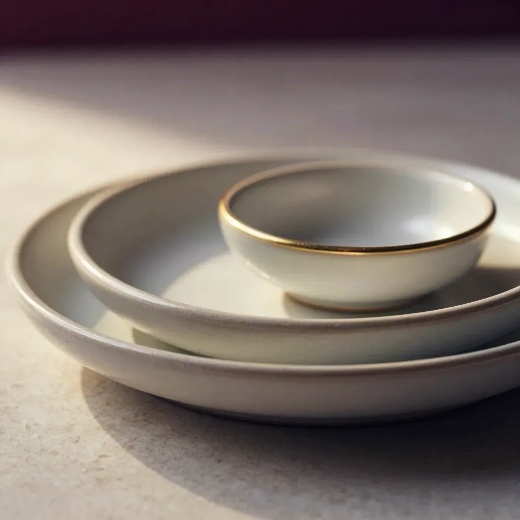 Nested ceramic ring dishes with a band and pinch bowl, lit low on travertine with a soft plum glint.