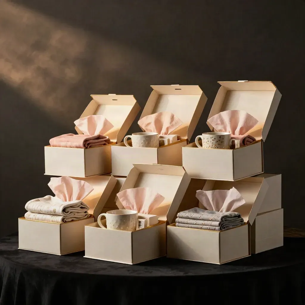 Open gift boxes with mugs, tees, and keepsakes on a dark plinth, lit dramatically with blush accents.