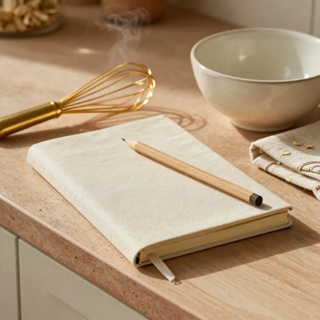Linen recipe notebook with whisk, pencil, tea towel and bowl on a warm kitchen counter.
