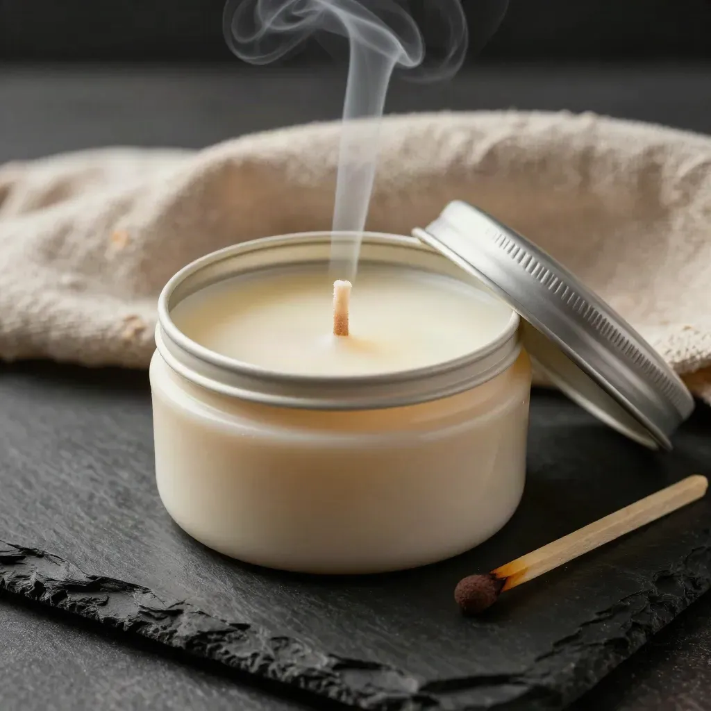 Ivory vanilla candle tin with smoke, matchbook, and folded linen on dark stone.