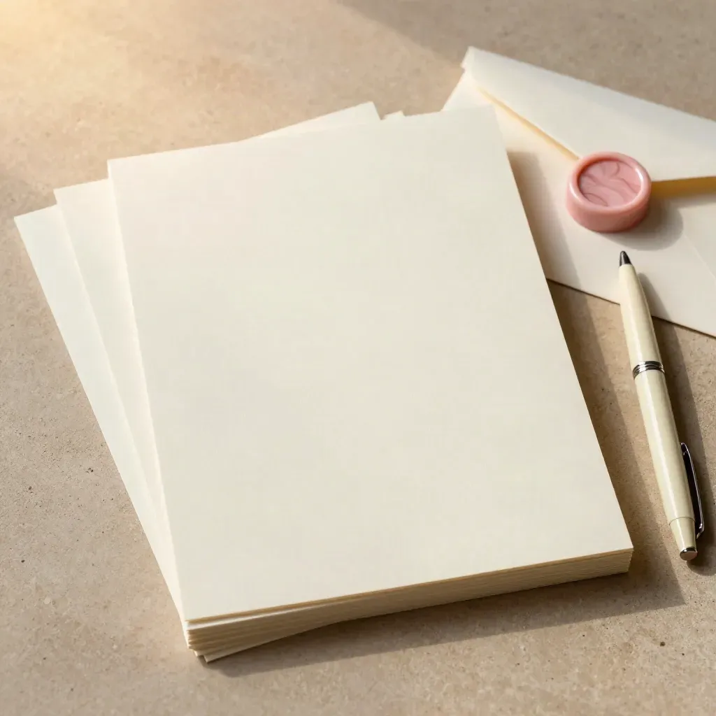 Cream stationery sheets, envelopes, blush sealing wax, and an ivory pen in a top-down flat lay.
