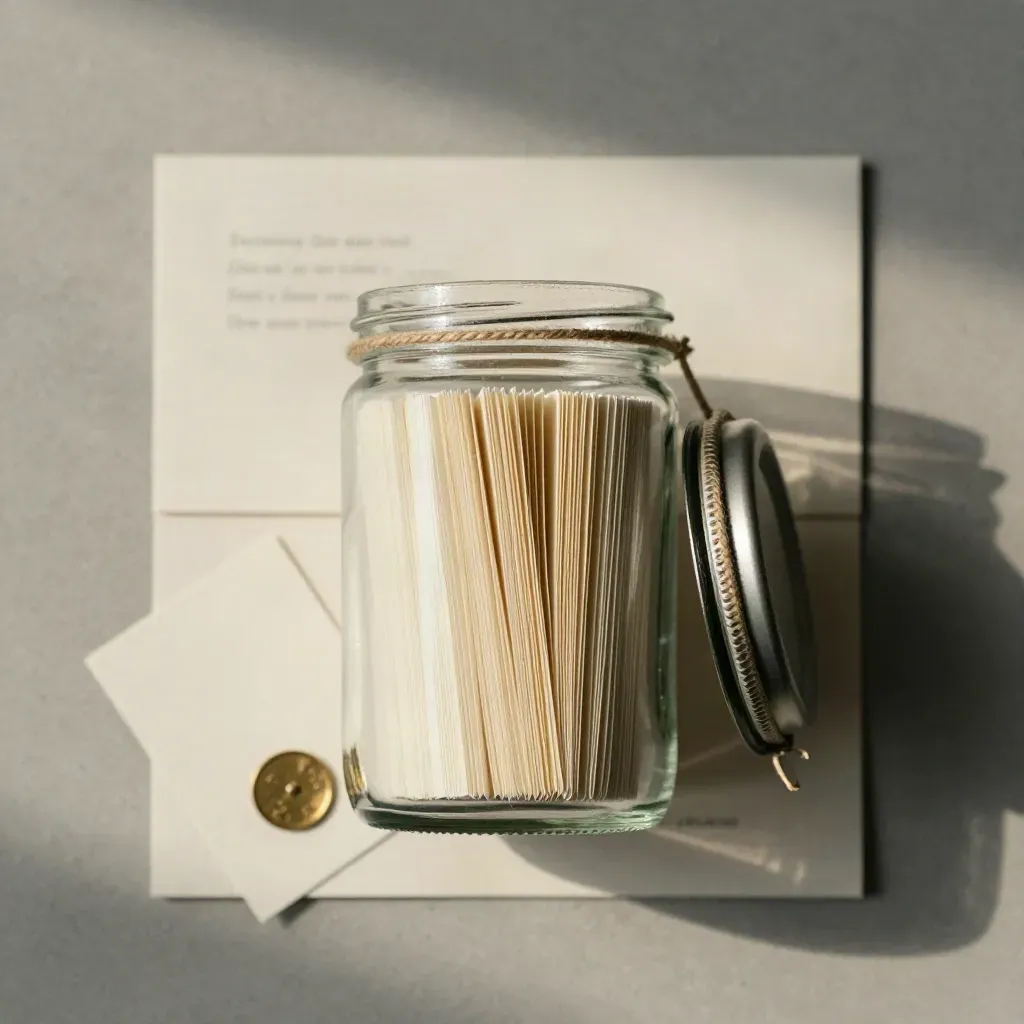 Overhead flatlay of a glass date night jar with folded idea cards on concrete.