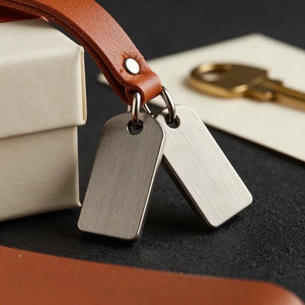 Brushed-metal keychains on a leather loop beside a gift box and house key in moody macro light.