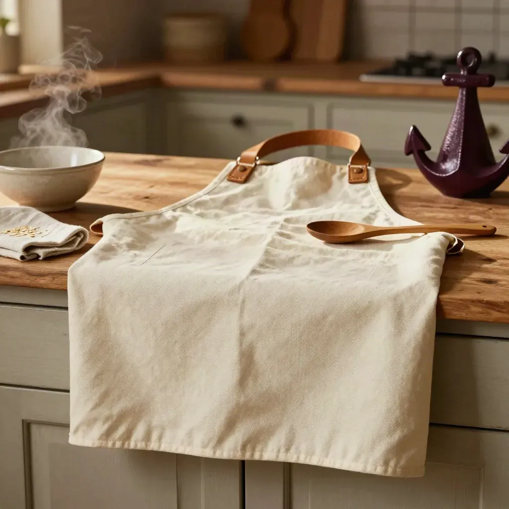 Folded couple aprons with a wooden spoon on a farmhouse counter in dramatic warm light.