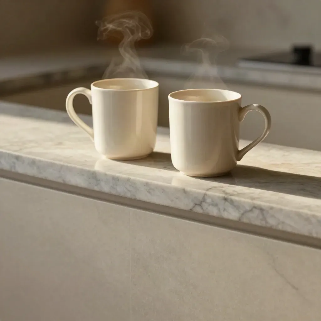 Two steaming ivory mugs on a sunlit veined marble ledge with calm copy space below