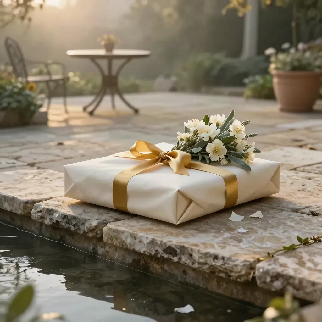 Wrapped gifts on a wet stone terrace with flowers and a distant garden table at golden hour.