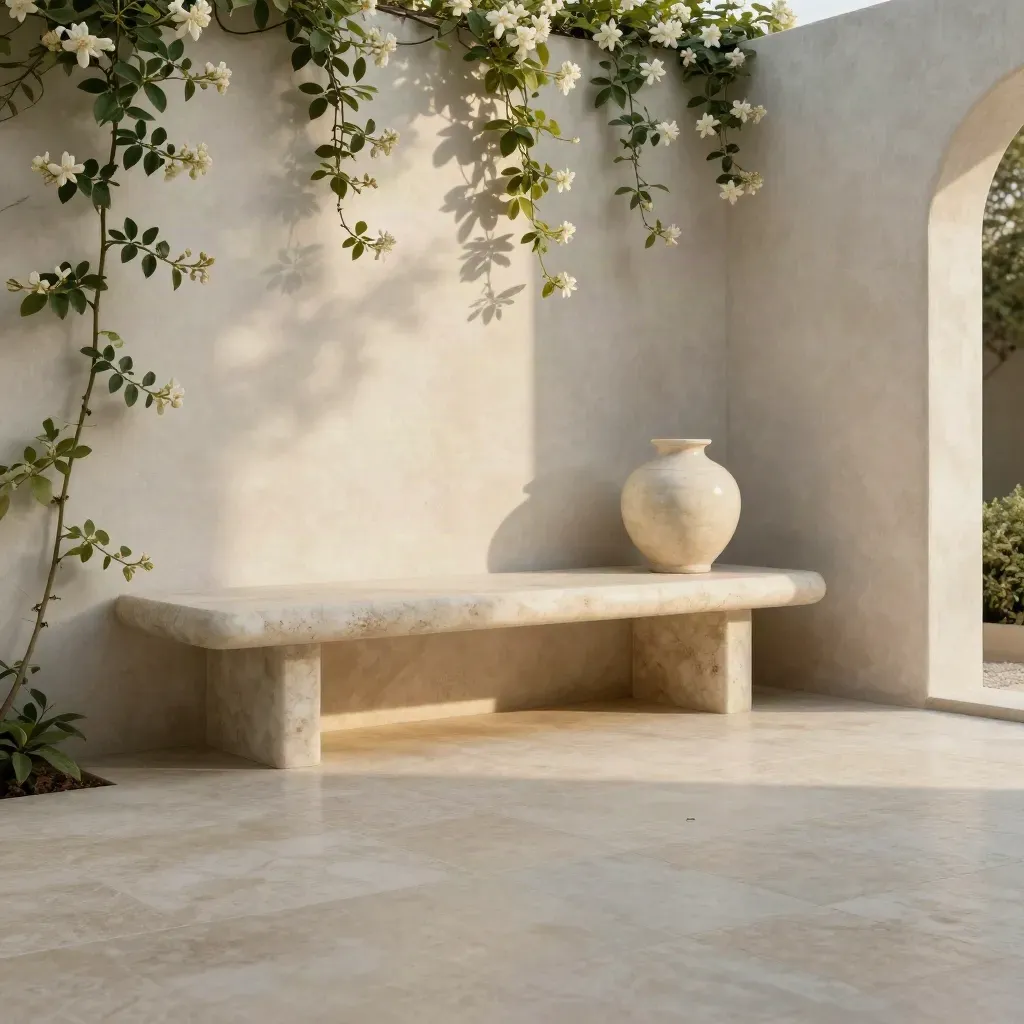 Travertine bench, ceramic vase, and jasmine in a sunlit courtyard corner.