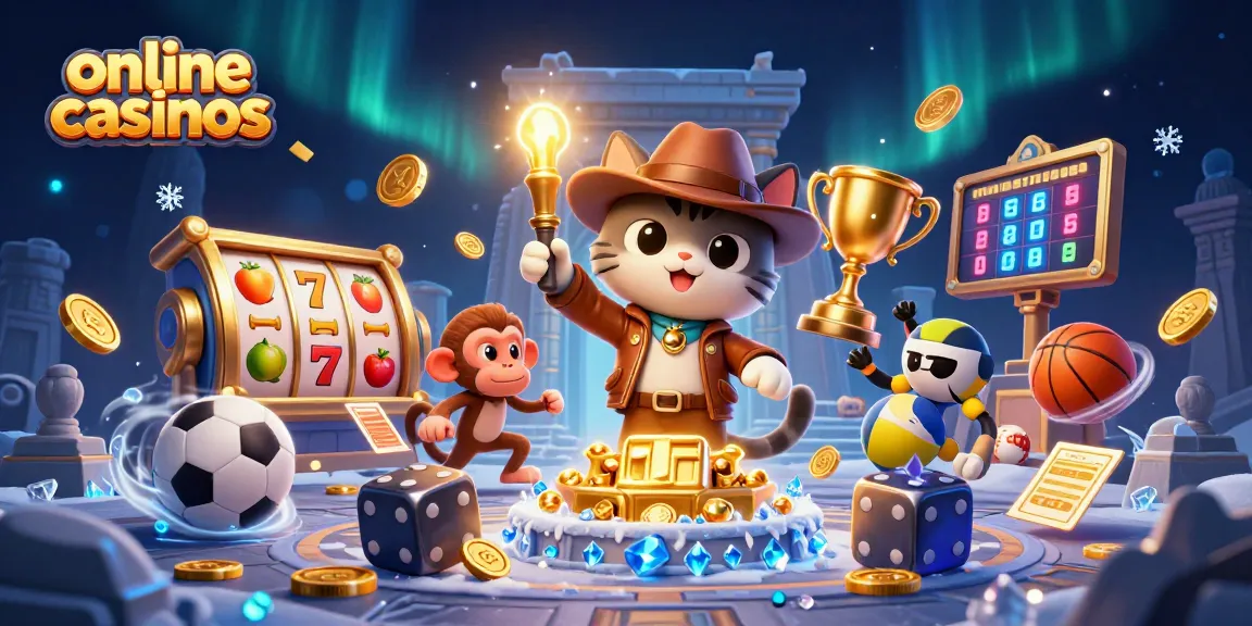 Experience the thrill of online casinos with a vibrant scene of an archaeologist cat discovering treasures amidst slot reels and sports elements.