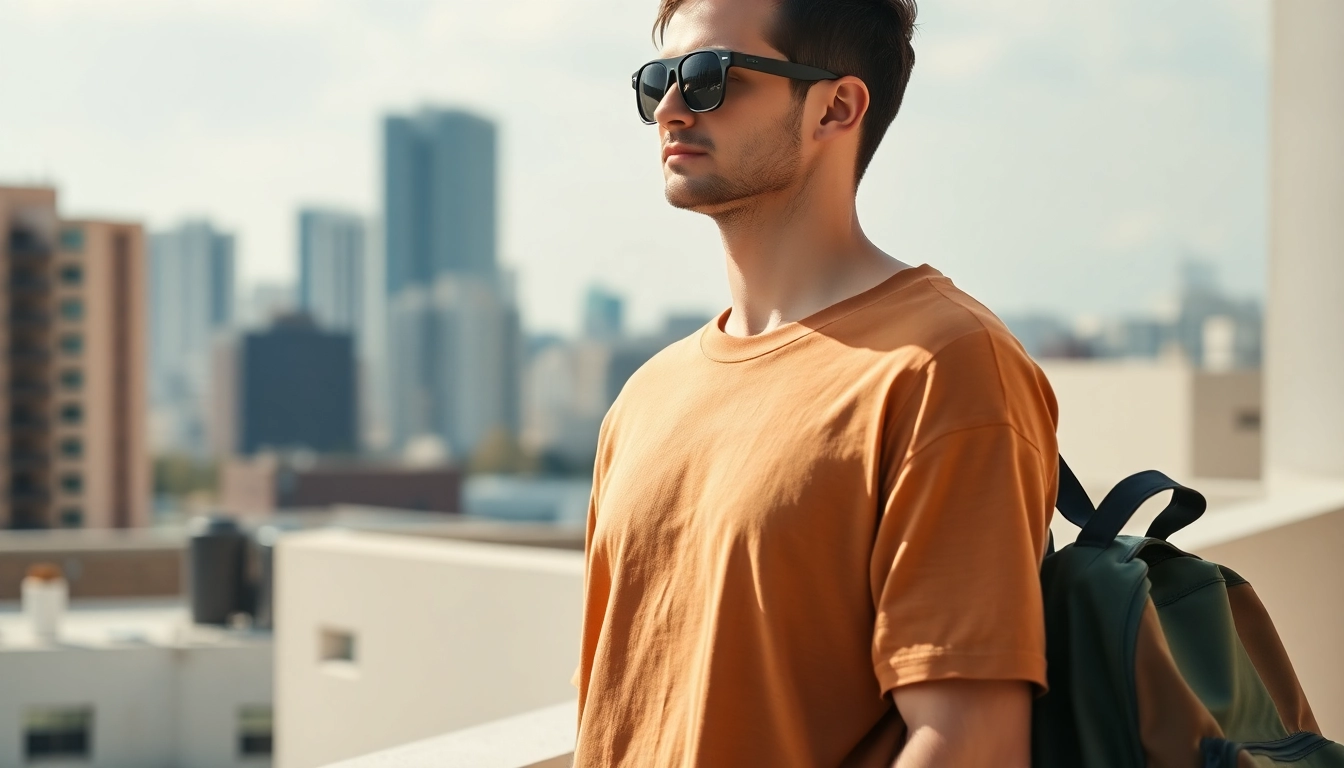 Model showcasing a drop shoulder t shirt, exuding casual elegance against a city backdrop.