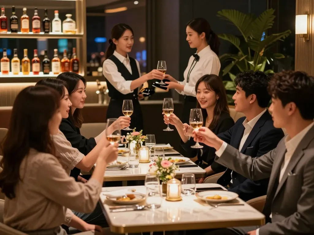 Gangnam쩜오 luxury entertainment lounge scene with guests toasting in an upscale atmosphere.