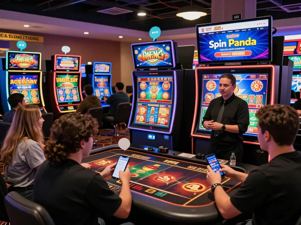 Players enjoying a lively atmosphere at Spin Panda casino online, showcasing slot machines and live dealer games in a modern setup.